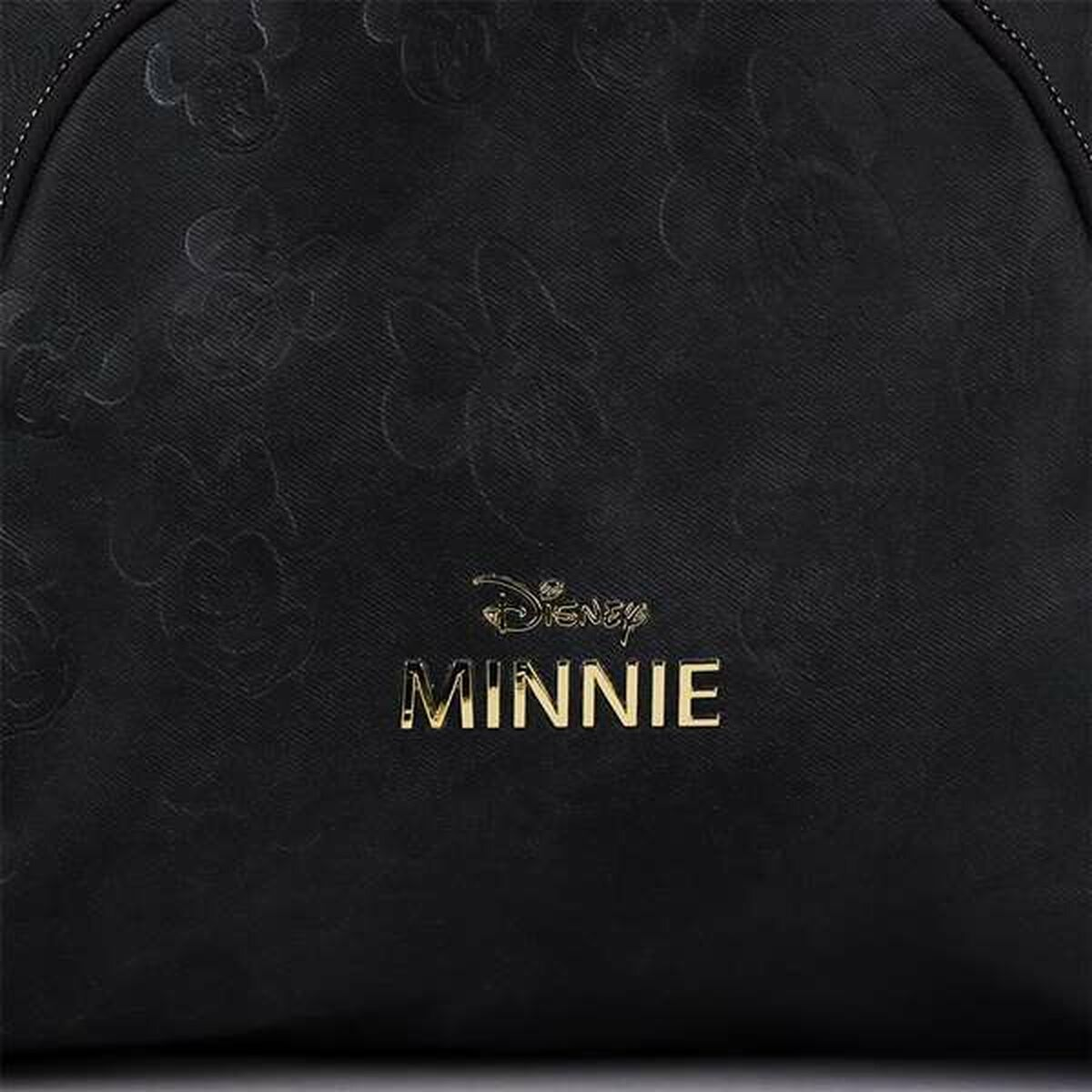 Schwarze Tasche mit geprägten Mickey Mouse Formen. Goldfarbenes 'Disney Minnie' Logo. Nahtdetails oben.