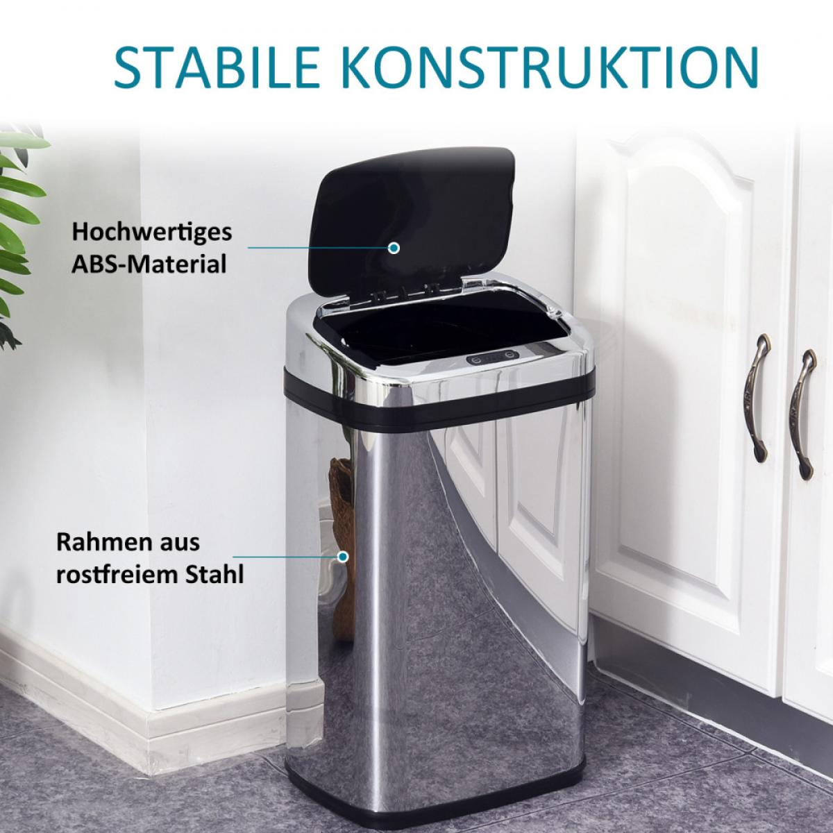 Ein Edelstahl-Mülleimer mit offenem schwarzem Deckel. Text weist auf ABS-Material und Edelstahlrahmen hin. Weiße Türen sind im Hintergrund.