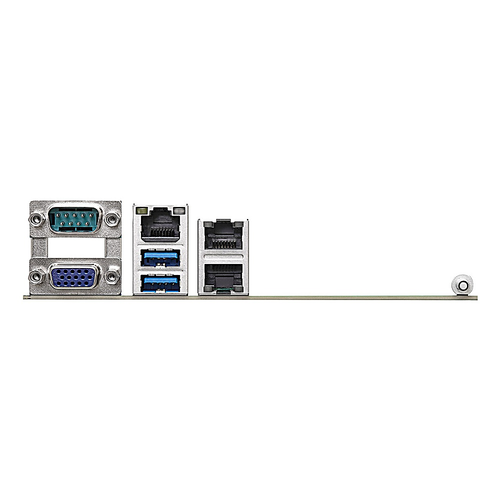 Pannello posteriore del computer con porte: VGA, seriale, USB ed Ethernet. È visibile anche un piccolo pulsante metallico.