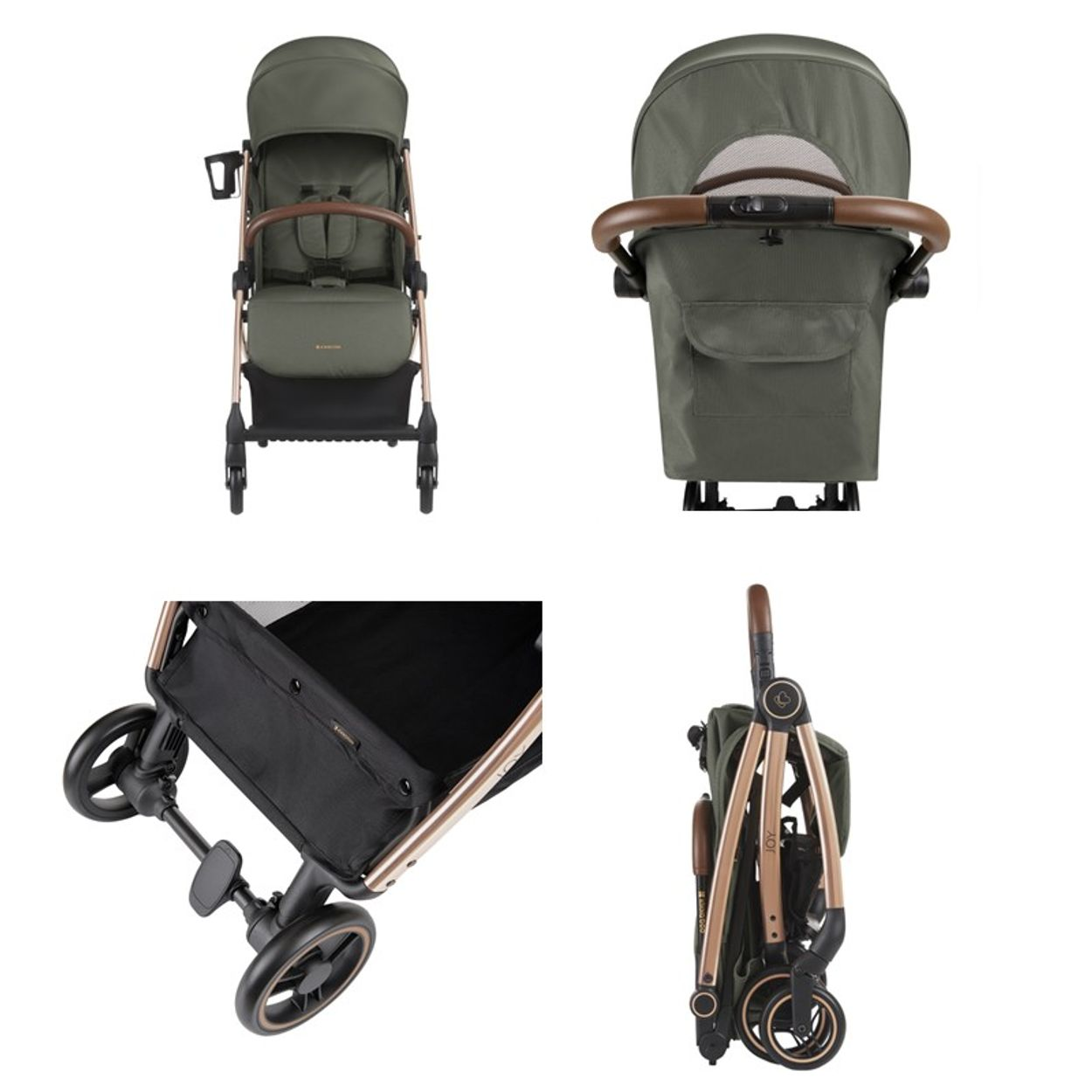 Ein Kinderwagen in vier Ansichten: vorne, hinten, Seite und zusammengeklappt. Olivgrüner Stoff, braune Griffe und goldener Rahmen.