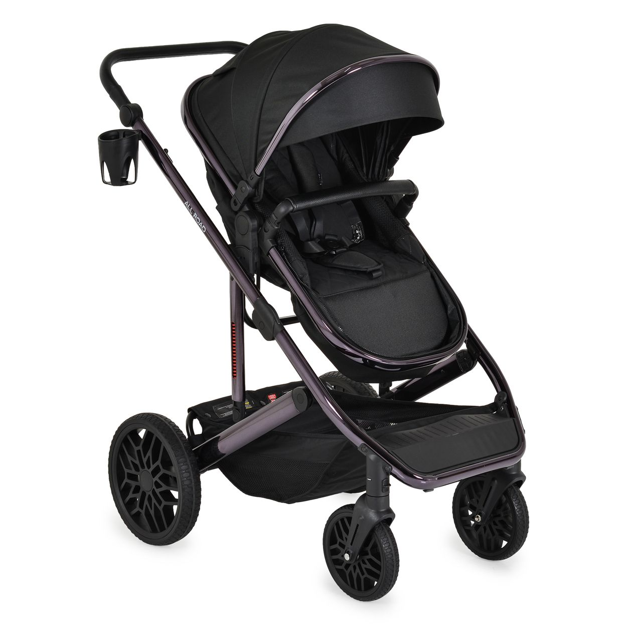 Ein schwarzer Kinderwagen mit lila Rahmen, schwarzen Rädern und einem Verdeck. An der Seite befindet sich ein Becherhalter.