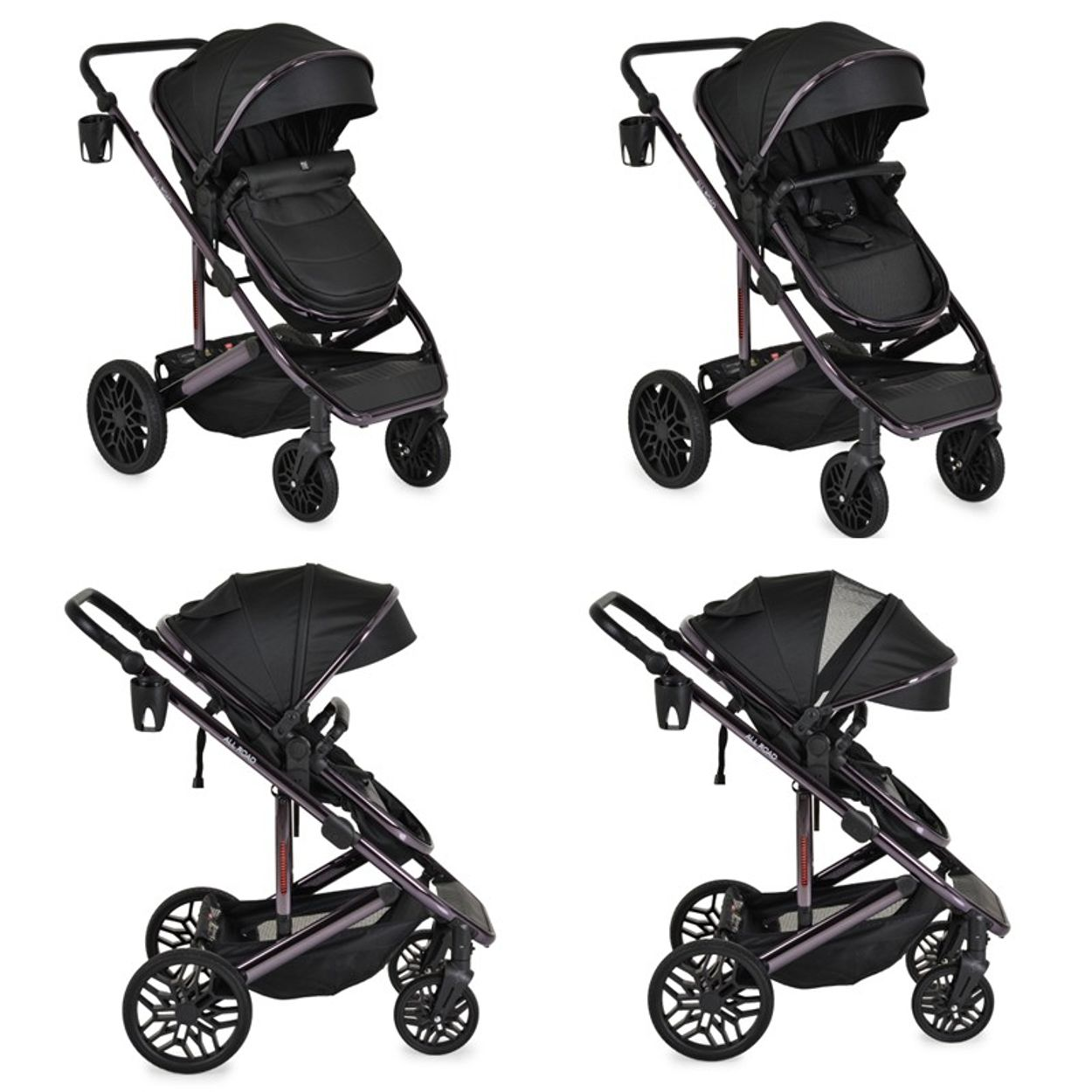 Vier schwarze Kinderwagen mit Sonnenverdeck, Becherhaltern und gemusterten Rädern werden vor weißem Hintergrund gezeigt.