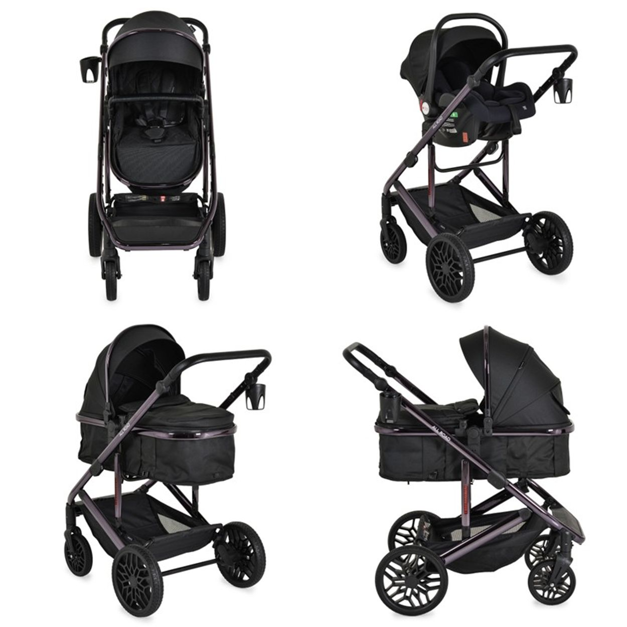 Vier Ansichten eines schwarzen Kinderwagens mit Verdeck und Becherhalter. Er hat schwarze Räder und einen Stauraum darunter.