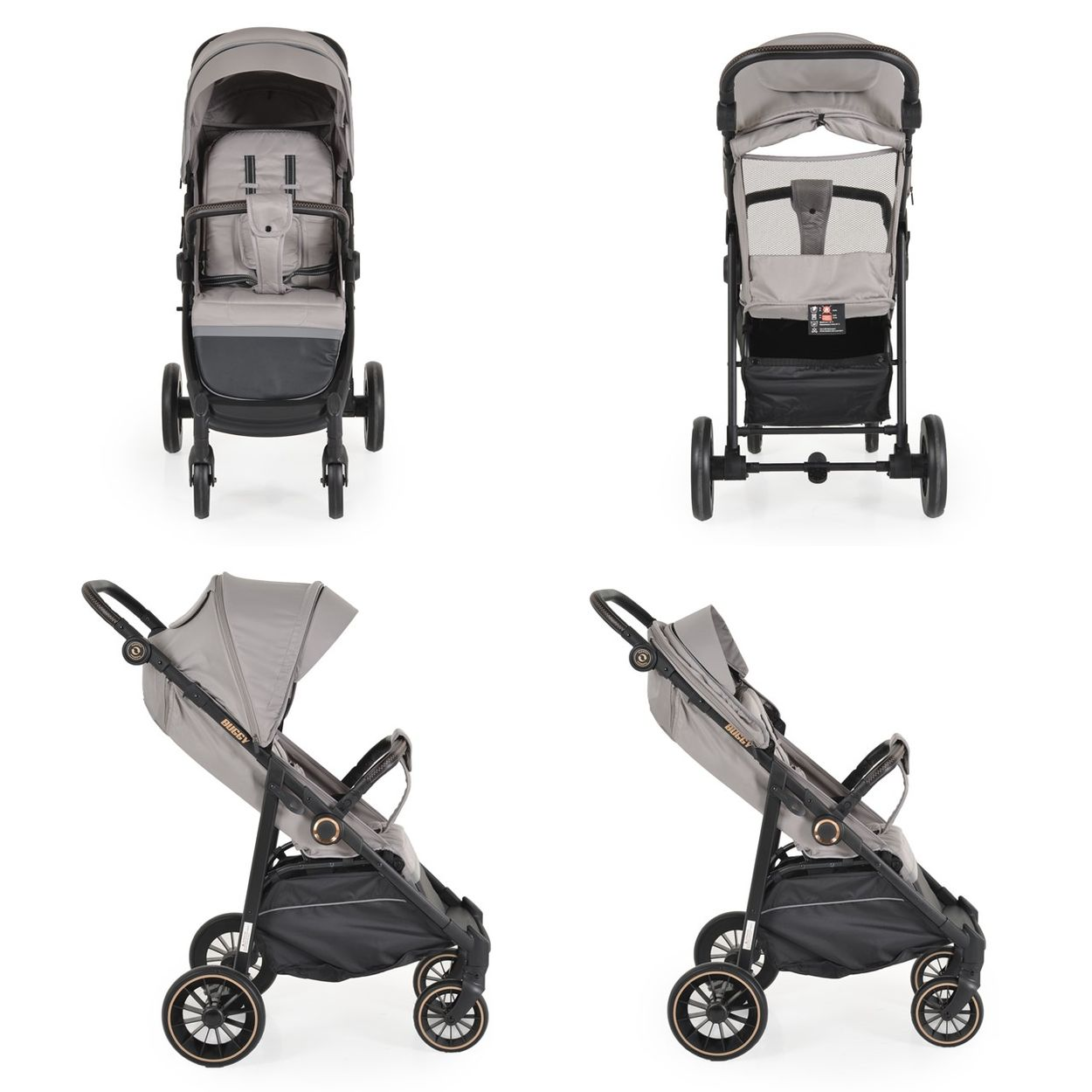 Ein hellgrauer Kinderwagen, in vier Ansichten. Er verfügt über ein Verdeck, einen schwarzen Rahmen und schwarze Räder. Das Wort 'Buggy' ist sichtbar.