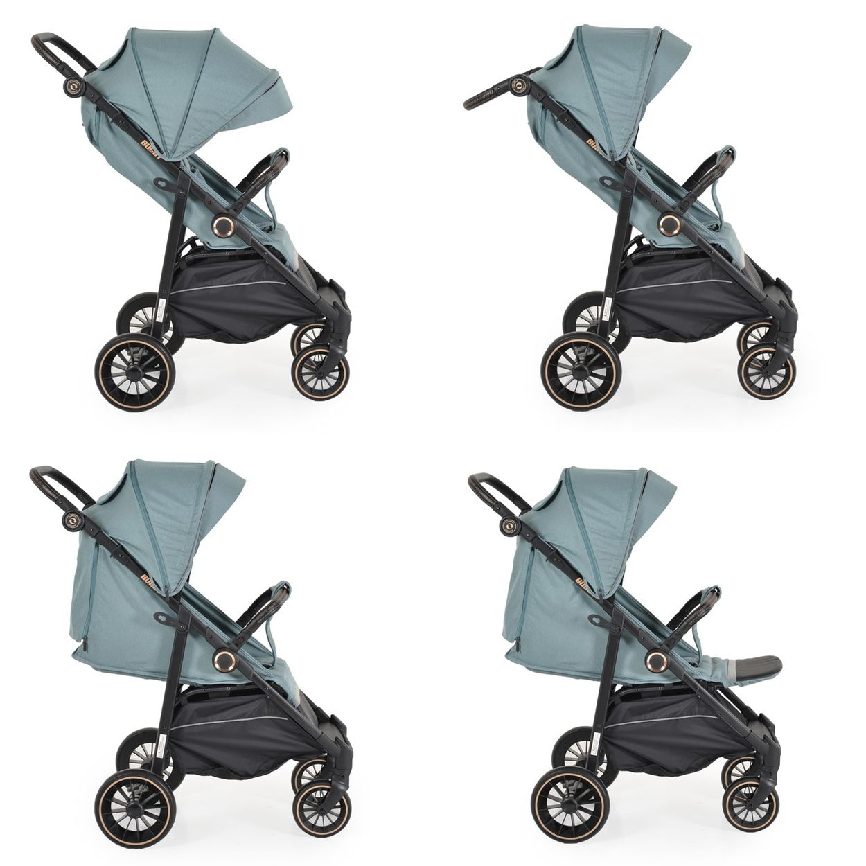 Vier Bilder eines Kinderwagens. Er hat ein graues Verdeck, einen schwarzen Rahmen, Räder und einen Aufbewahrungskorb. Der Kinderwagen steht auf weißem Hintergrund.