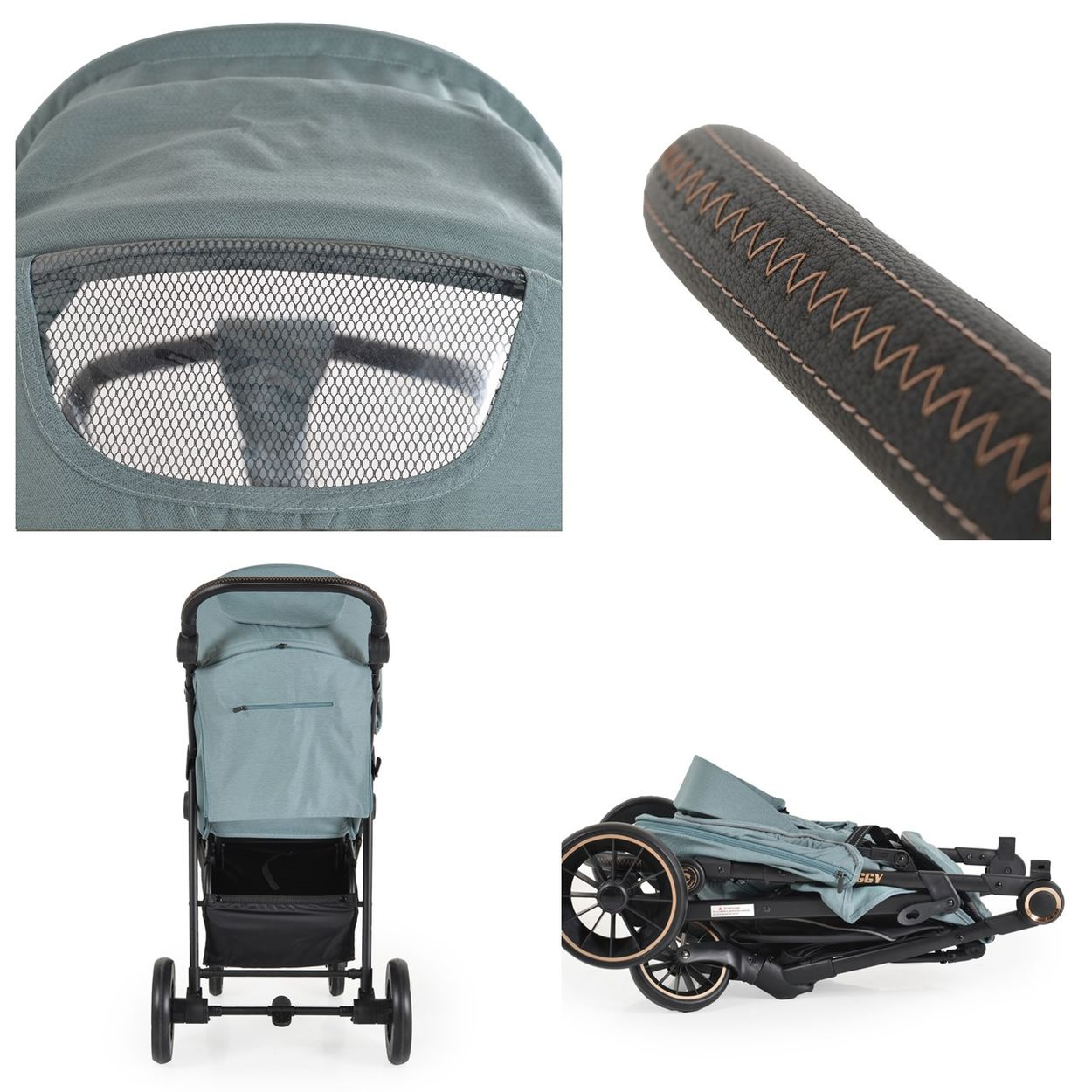Ein Kinderwagen in verschiedenen Ansichten. Er hat ein blaues Verdeck und einen schwarzen Rahmen. Der Griff ist schwarz mit braunen Nähten.
