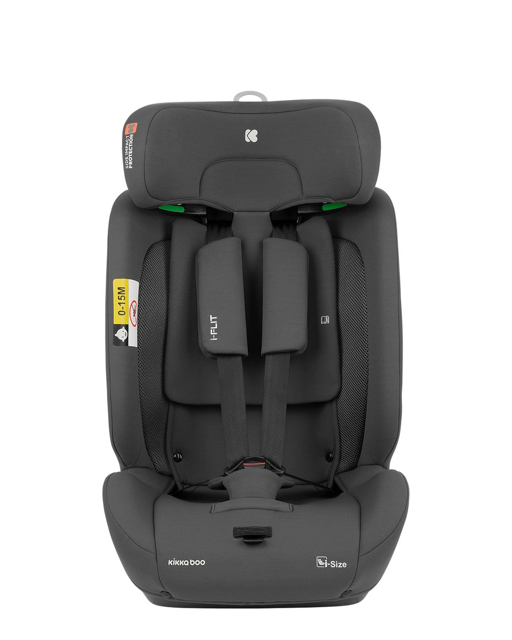 Ein grauer i-FLIT Kikka Boo Autositz. Er hat eine Kopfstütze, Sicherheitsgurte und Seitenaufprallschutz, mit i-Size-Etikett.