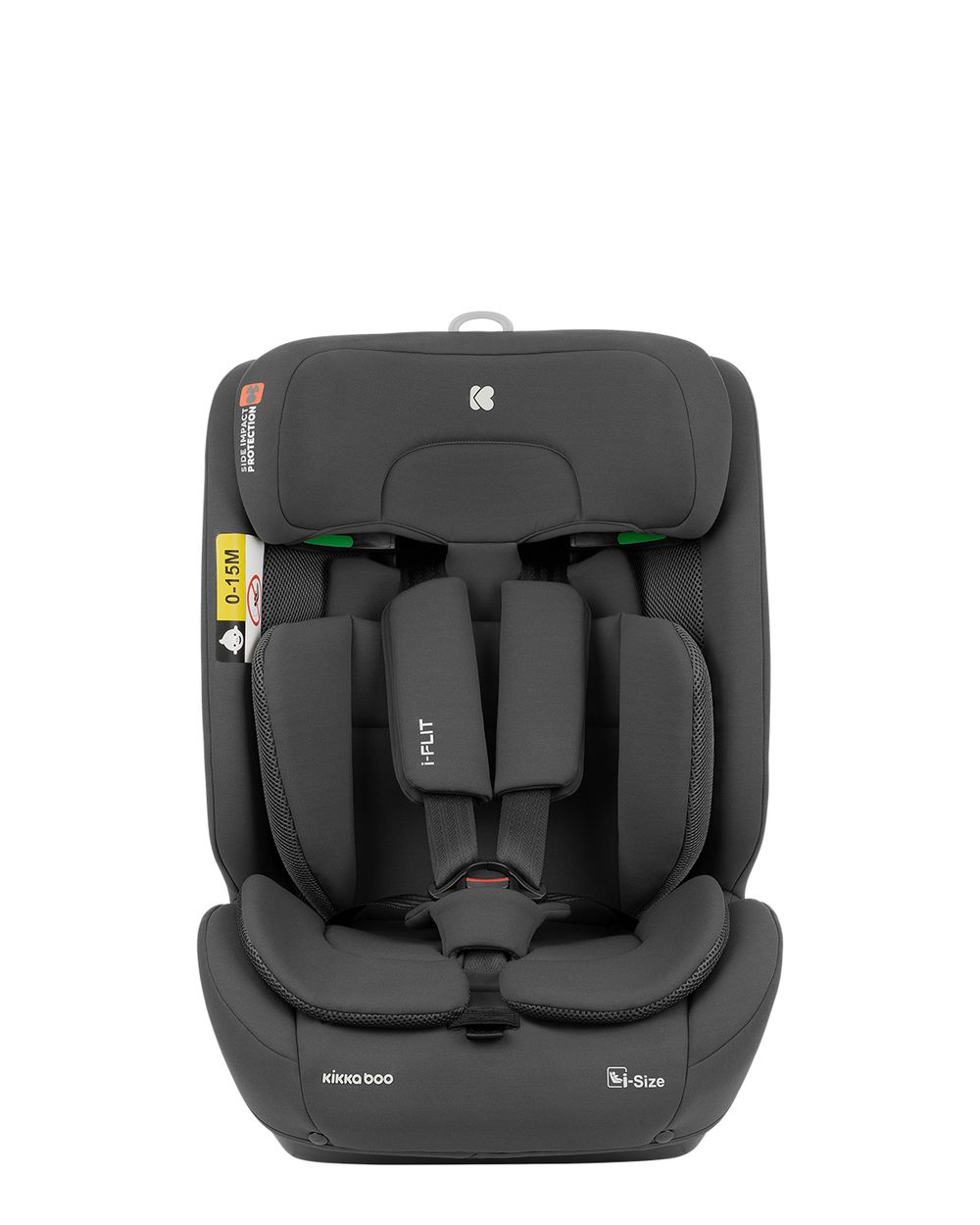 Ein grauer i-Size kikka boo Autositz. Er hat eine Kopfstütze, einen Gurt und Seitenaufprallschutz, geeignet für 0-15 Monate.