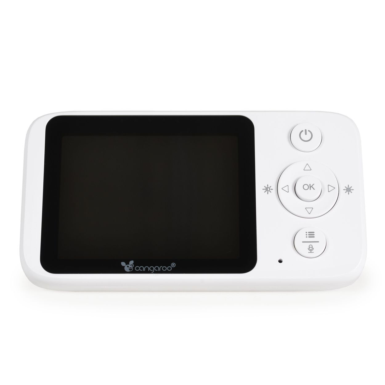 Un monitor para bebés blanco con pantalla y botones. Tiene un botón de encendido, botones direccionales y un botón OK. La marca es Canguroo.