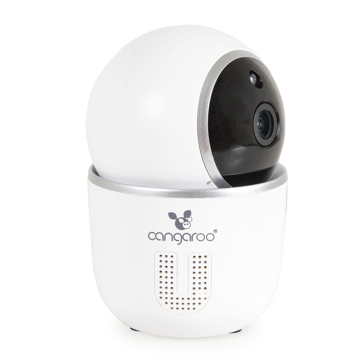 Un monitor para bebés cangaro blanco y negro. La parte superior es una cámara giratoria, la inferior tiene orificios para altavoces y el logotipo de cangaro.