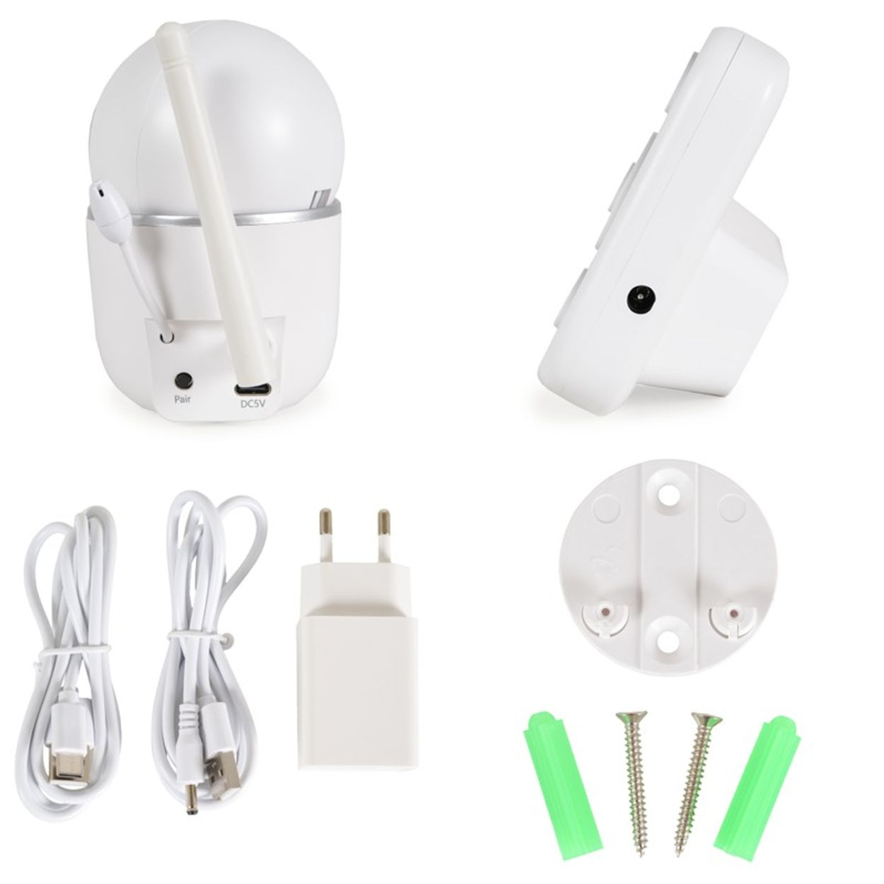 Cámara de seguridad blanca y accesorios. Incluye cámara, mando, adaptador, cables, tornillos y tacos.