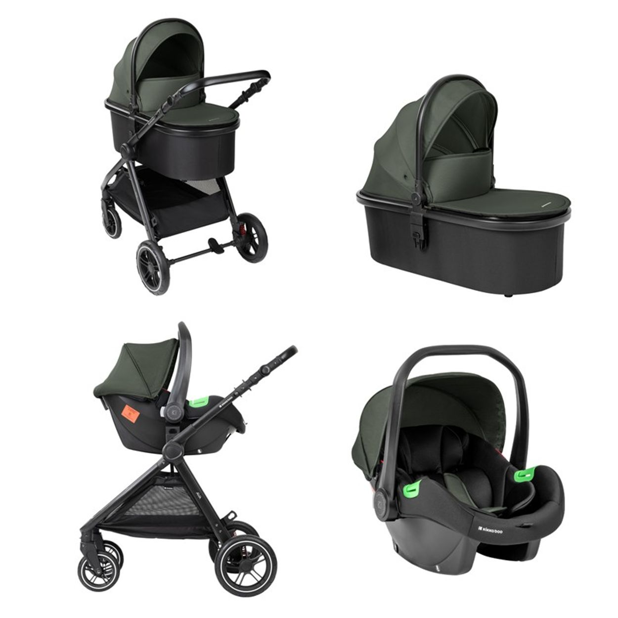 Cuatro configuraciones de cochecito de bebé. Cada una muestra un cochecito verde y negro con diferentes arreglos de asientos. Las variaciones incluyen capazo y asiento de coche.