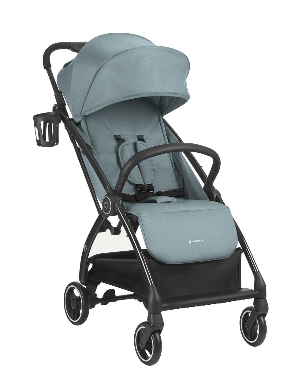Ein tealfarbener Kinderwagen mit schwarzem Rahmen und Rädern. Er hat ein Verdeck, einen Becherhalter und einen Stauraum.