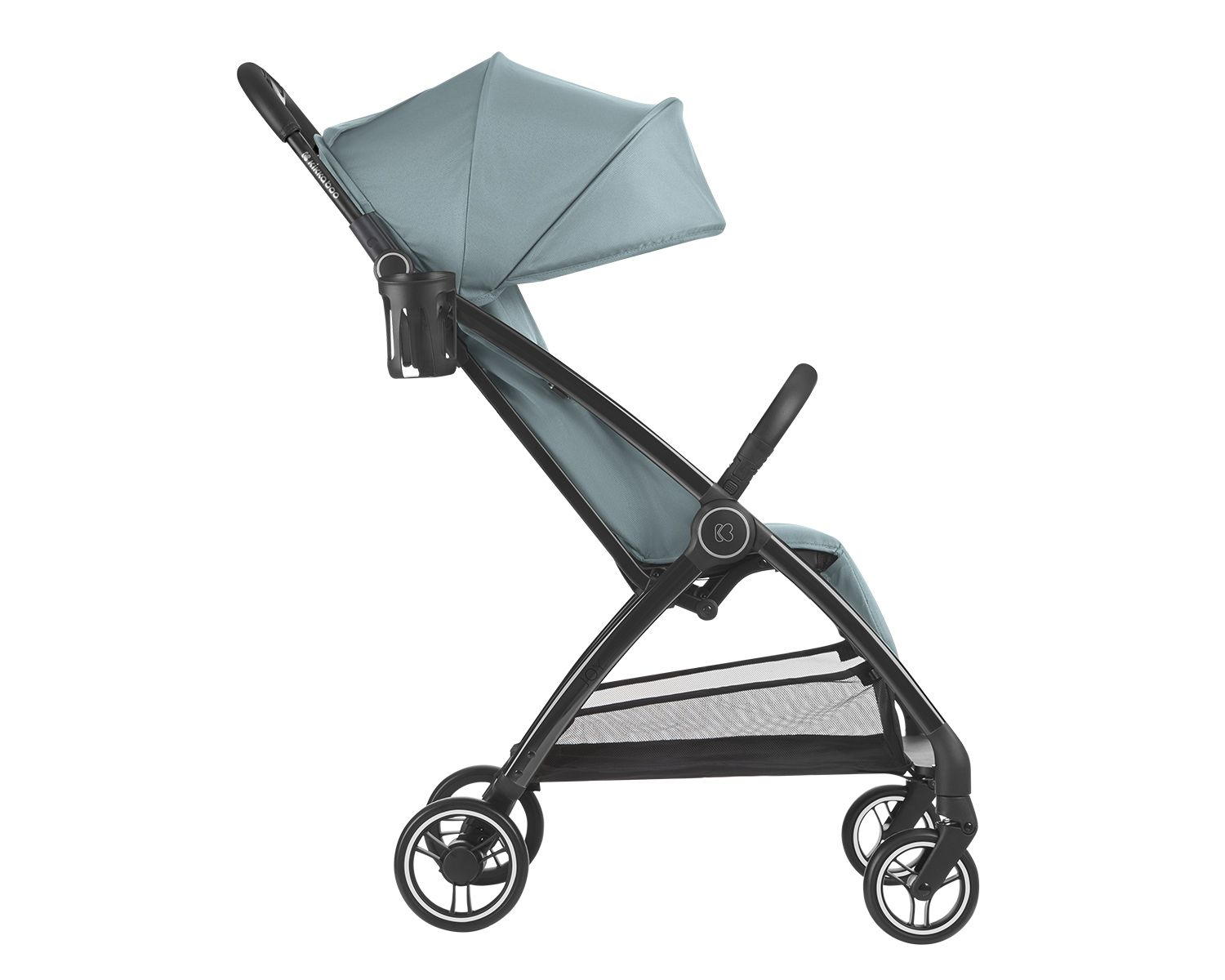 Ein Baby-Kinderwagen, türkisfarbenes Verdeck und Sitz, schwarzer Rahmen, vier Räder. Becherhalter an der Seite.