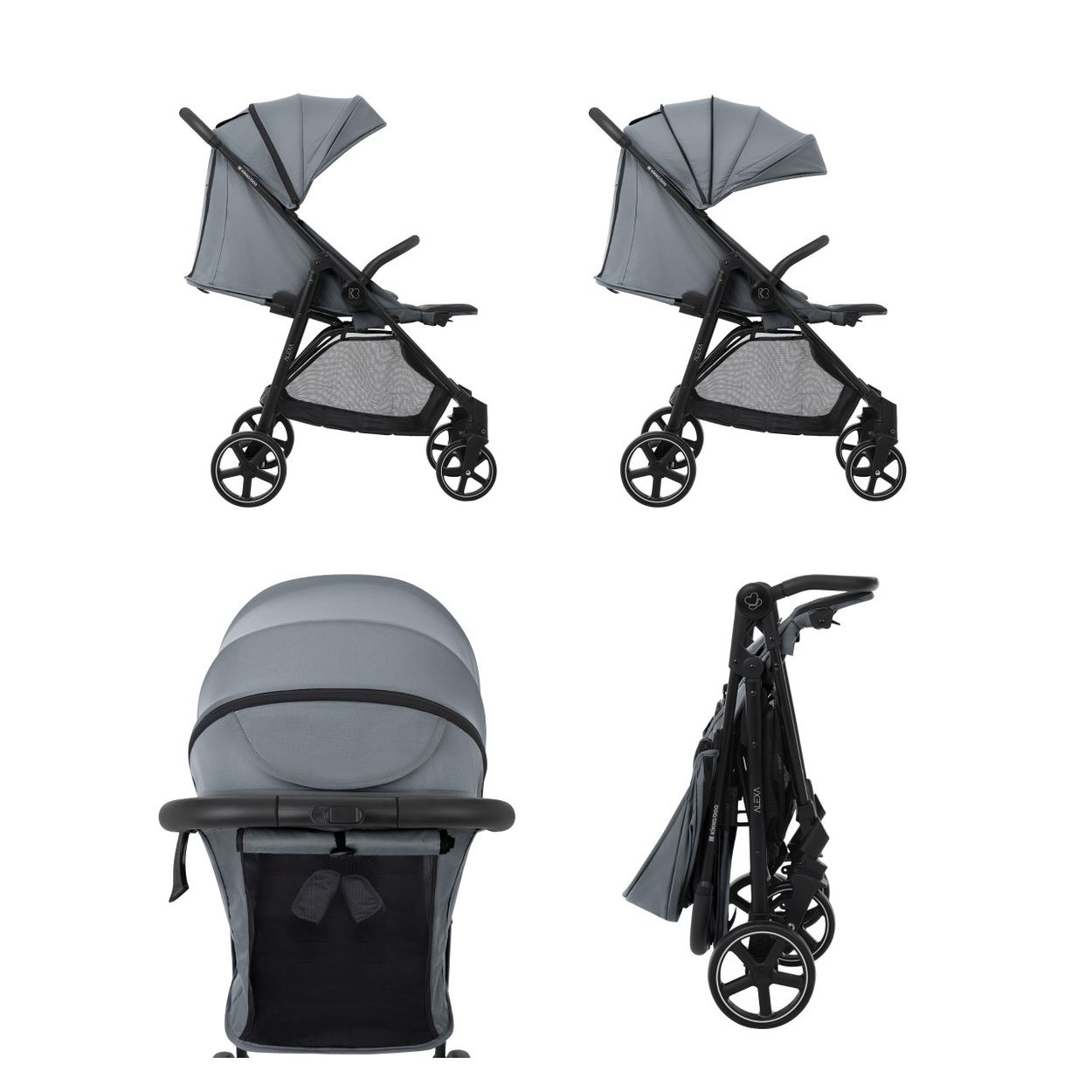 Ein grauer Kinderwagen wird aus verschiedenen Blickwinkeln gezeigt. Der Wagen hat ein Verdeck, einen Sitz und Räder. Einer ist zusammengeklappt.