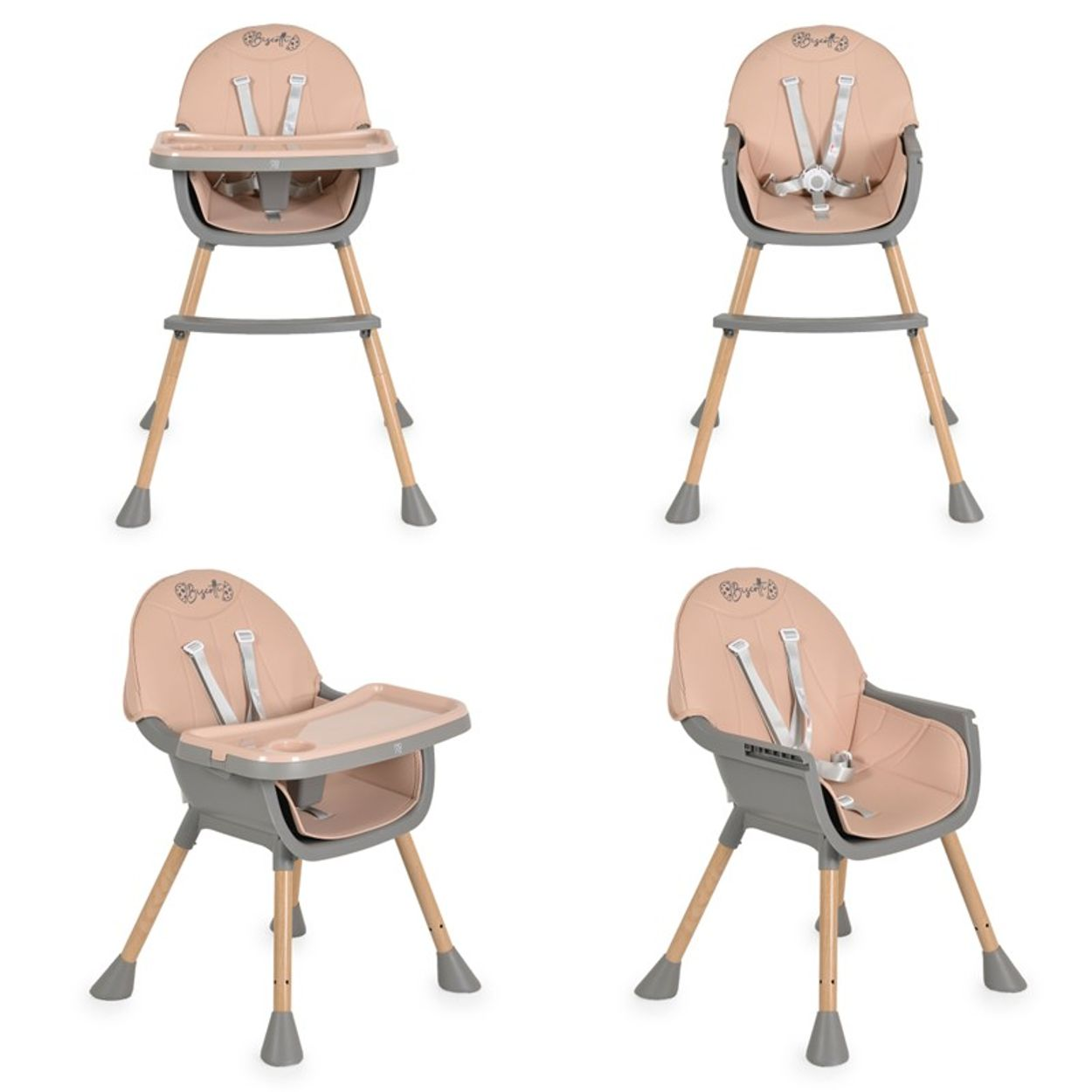 Vier Babyhochstühle in verschiedenen Ansichten. Sie haben Holzbeine, hellrosa Sitze, graue Tabletts und graue Sicherheitsgurte.