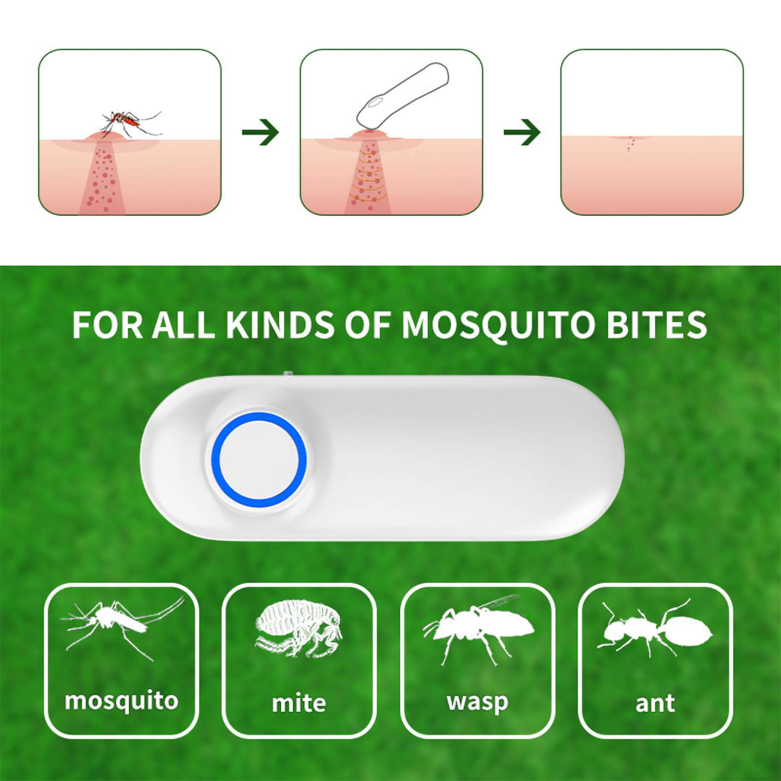 Diagramm, das den Mückenstichprozess, ein Gerät und Insekten zeigt: Mücke, Milbe, Wespe, Ameise. Text: FÜR ALLE ARTEN VON MÜCKENSTICHEN.