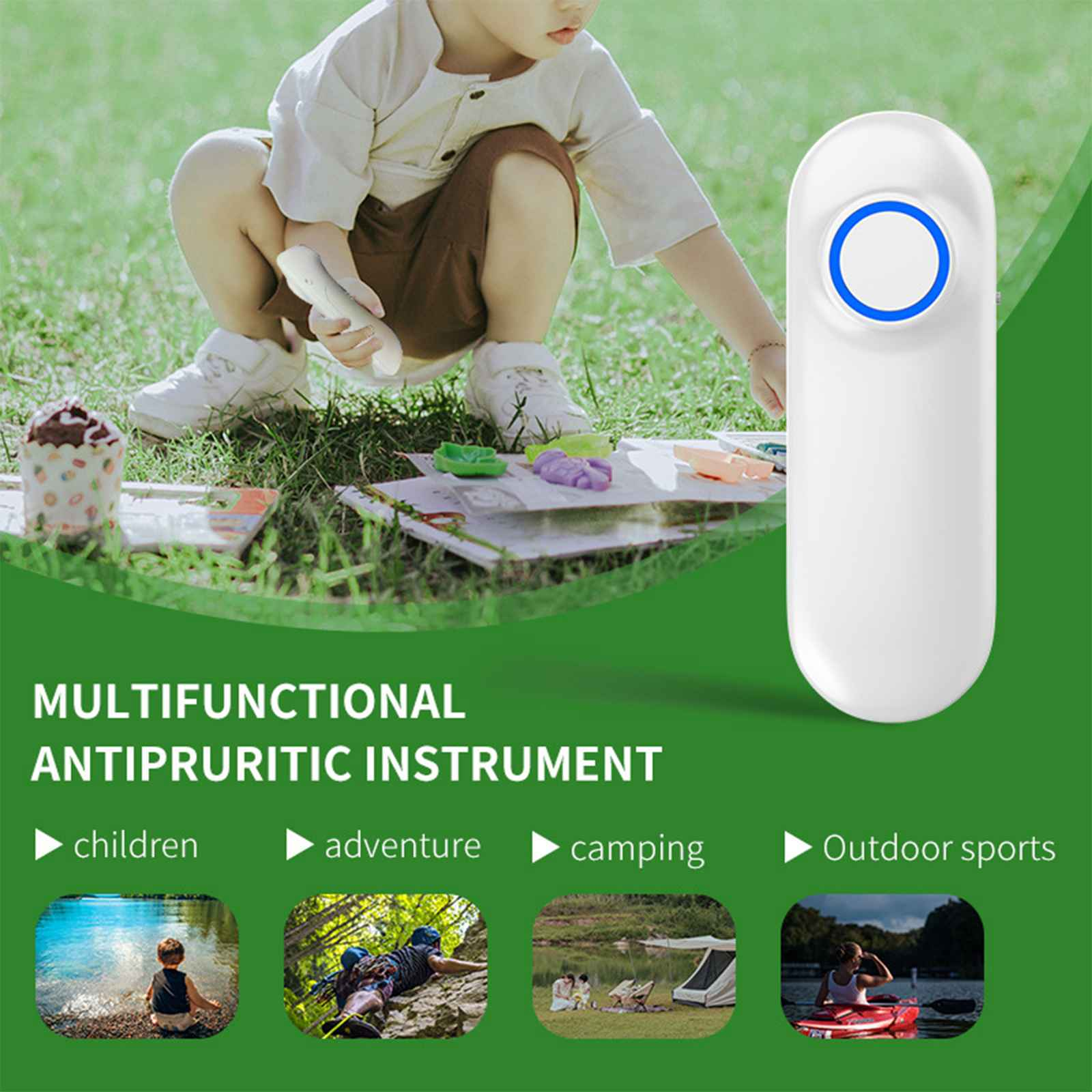 Ein Kind hält ein weißes Gerät. Der Text lautet "Multifunktionales Antipruritikum". Symbole zeigen Kinder, Abenteuer, Camping und Outdoor-Sport.