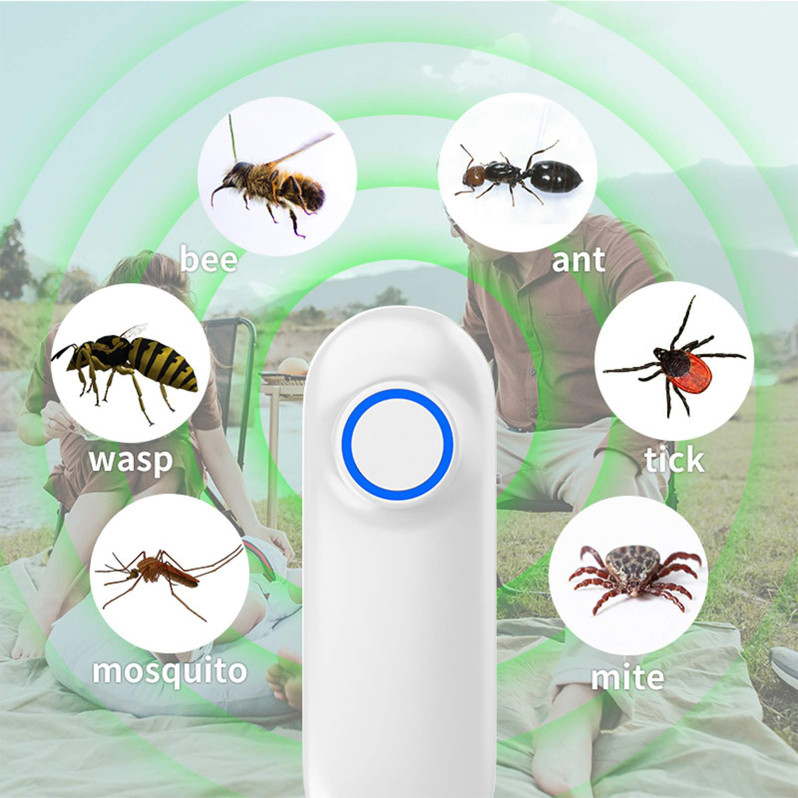 Das Bild zeigt ein weißes Gerät mit blauem Ring. Insekten wie Biene, Ameise, Wespe, Mücke, Zecke und Milbe sind herum. Zwei Personen sind im Hintergrund.