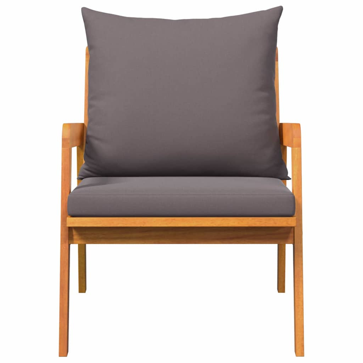 Holzstuhl mit grauem Kissen und Rückenlehne. Der Stuhl hat eine natürliche Holzoberfläche. Der Hintergrund ist weiß.