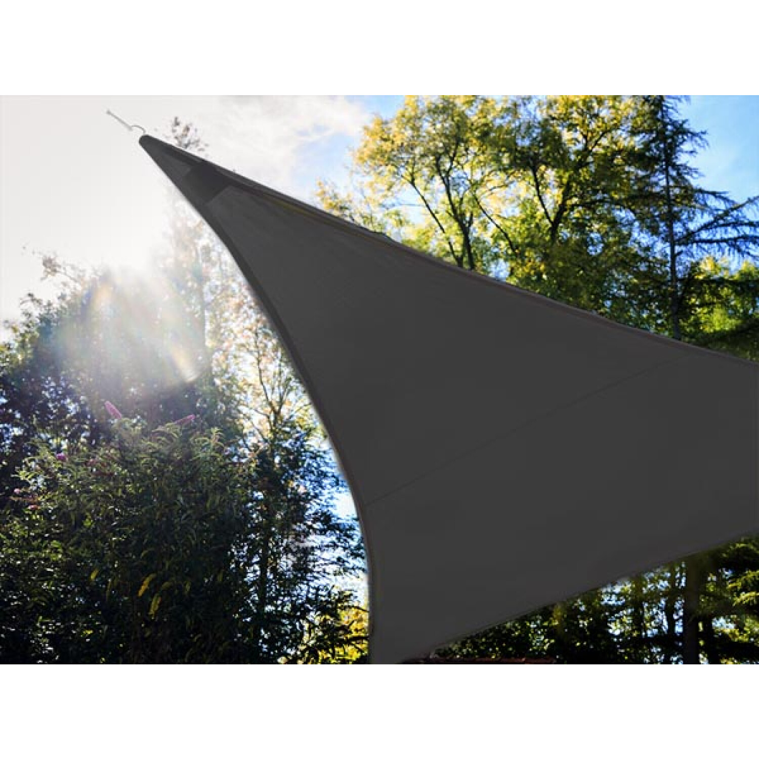 Una vela parasole nera è appesa davanti a un cielo soleggiato. Gli alberi sono sullo sfondo. Il sole splende attraverso gli alberi.