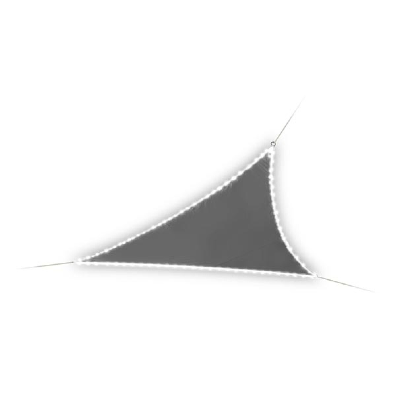 Una vela ombreggiante triangolare grigia, con contorno bianco e sottili linee di supporto, su sfondo bianco.
