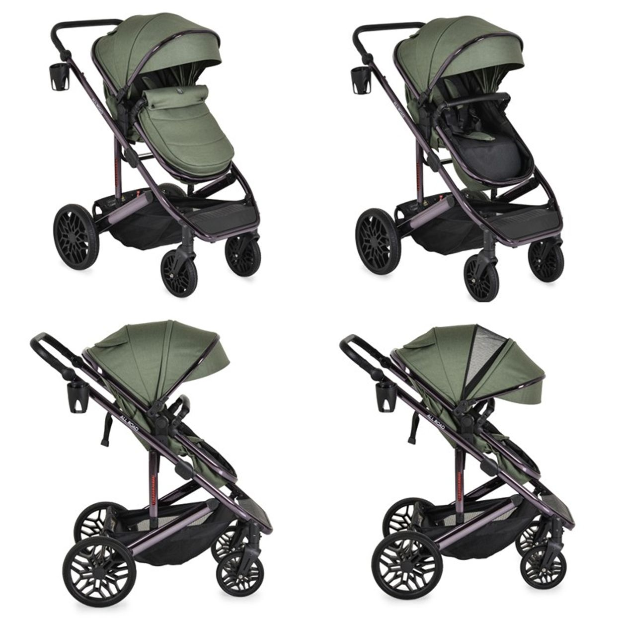 Vier Bilder eines grünen Kinderwagens in verschiedenen Positionen. Der Kinderwagen hat schwarze Räder, ein Verdeck und einen Ablagekorb.
