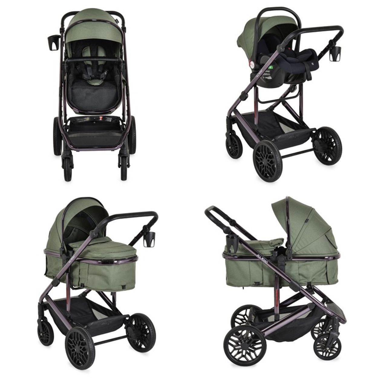 Vier Ansichten eines grünen und schwarzen Kinderwagens mit passendem Autositz. Jede Ansicht zeigt eine andere Konfiguration des Kinderwagens.