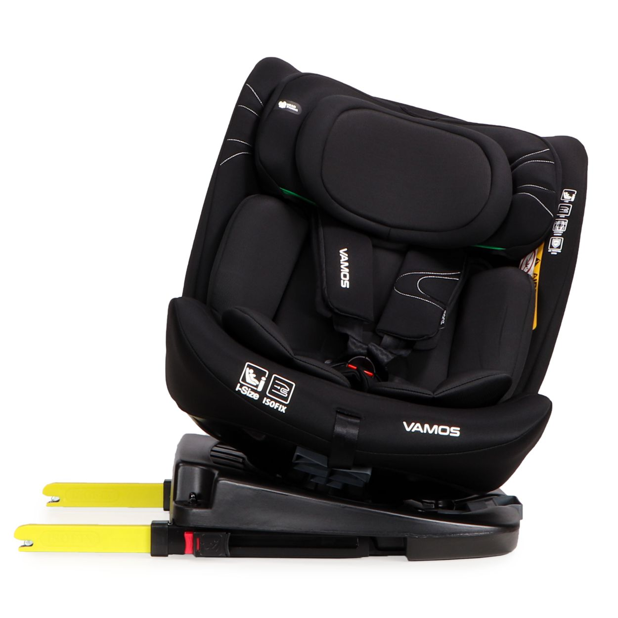Ein schwarzer Autositz mit der Aufschrift 'VAMOS' auf einer schwarzen Basis mit gelben Armen, für i-Size ISOFIX. Isoliert auf weißem Hintergrund.