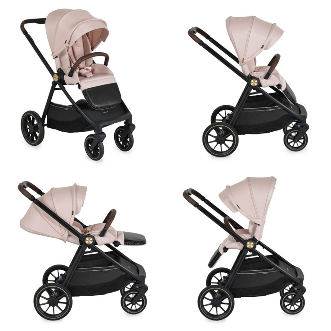 Vier Ansichten eines Kinderwagens. Er hat ein beiges Verdeck, einen braunen Griff und einen schwarzen Rahmen und Räder.