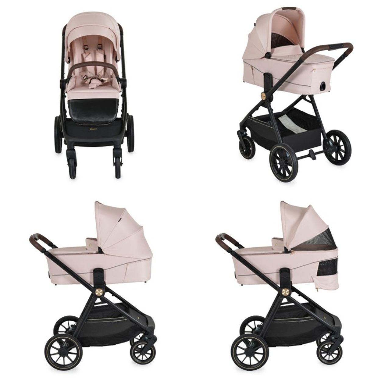 Vier Ansichten eines Kinderwagens, in verschiedenen Konfigurationen und Winkeln. Der Kinderwagen ist hellrosa mit schwarzem Rahmen und Rädern.