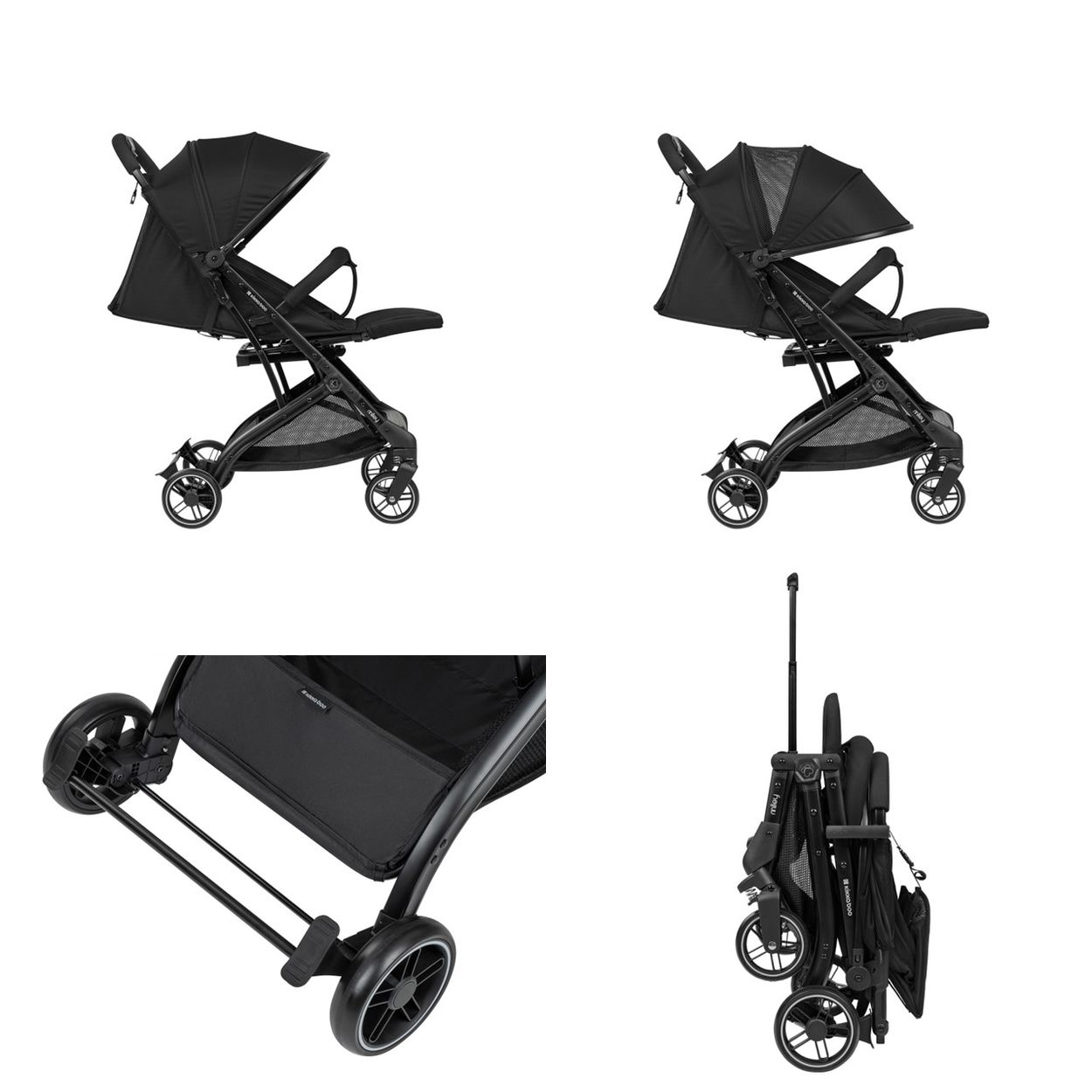 Vier Bilder eines schwarzen Kinderwagens. Ein Bild zeigt den aufgebauten Kinderwagen. Ein anderes zeigt den Kinderwagen mit einem Netz. Die anderen zeigen Details.