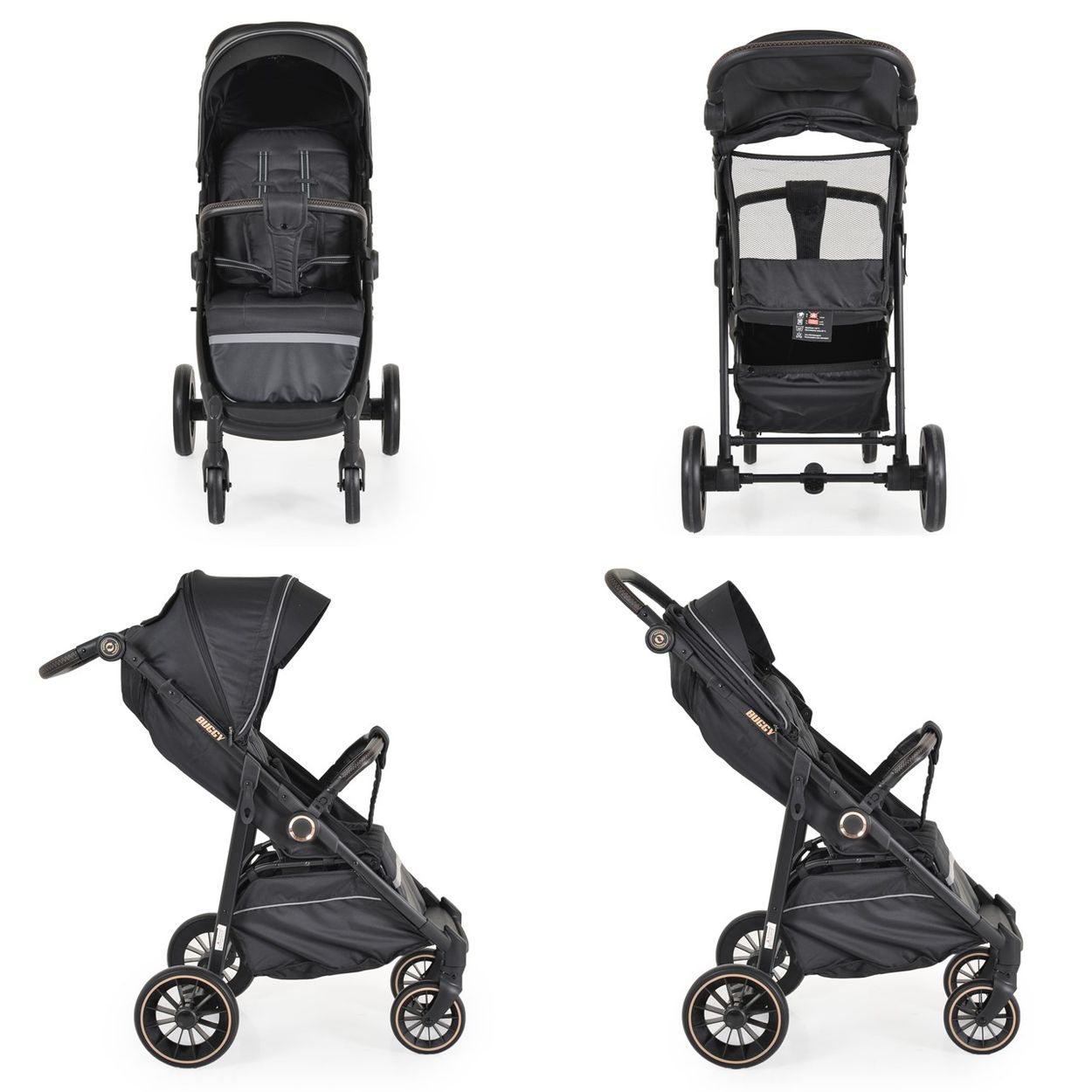 Vier Ansichten eines schwarzen Kinderwagens. Der Kinderwagen hat ein Verdeck, einen Sitz und Räder mit goldenen Akzenten. Das Buggy-Logo ist sichtbar.