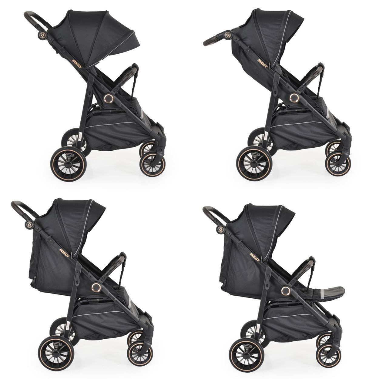 Vier Ansichten eines schwarzen Kinderwagens mit Verdeck, Griffen und Rädern. Auf der Seite steht das Wort "BUGGY".