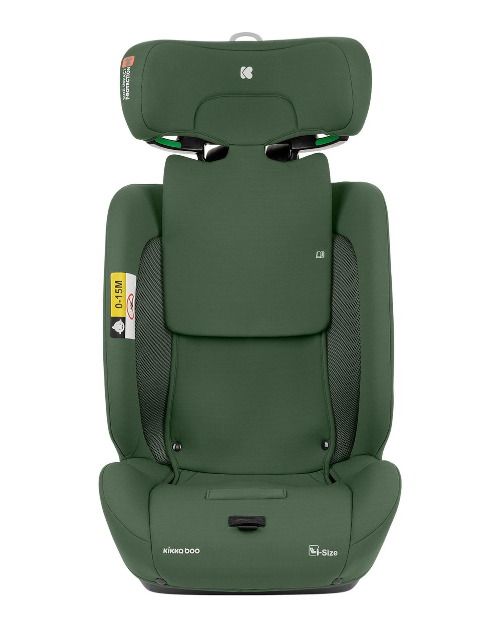 Grüner Autositz mit Kopfstütze. Aufkleber lesen 'Side Impact Protection', '0-15M' und 'i-Size'. Markenname 'kikka boo' ist sichtbar.