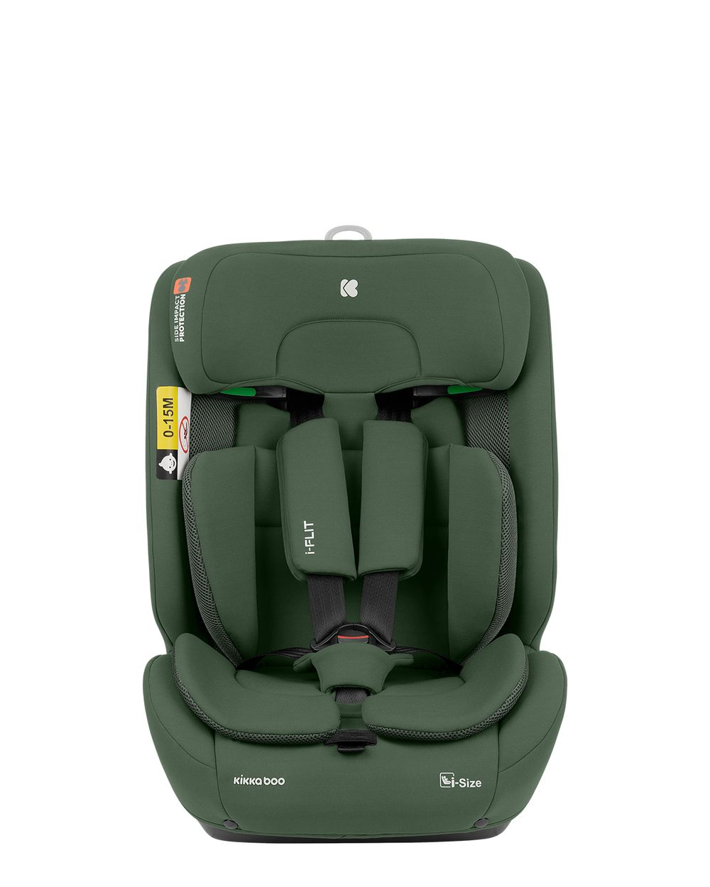 Ein grüner i-Size Autositz. Er hat Sicherheitsgurte, den Markennamen 'kikka boo' und das Logo 'i-Flit'. Weißer Hintergrund.
