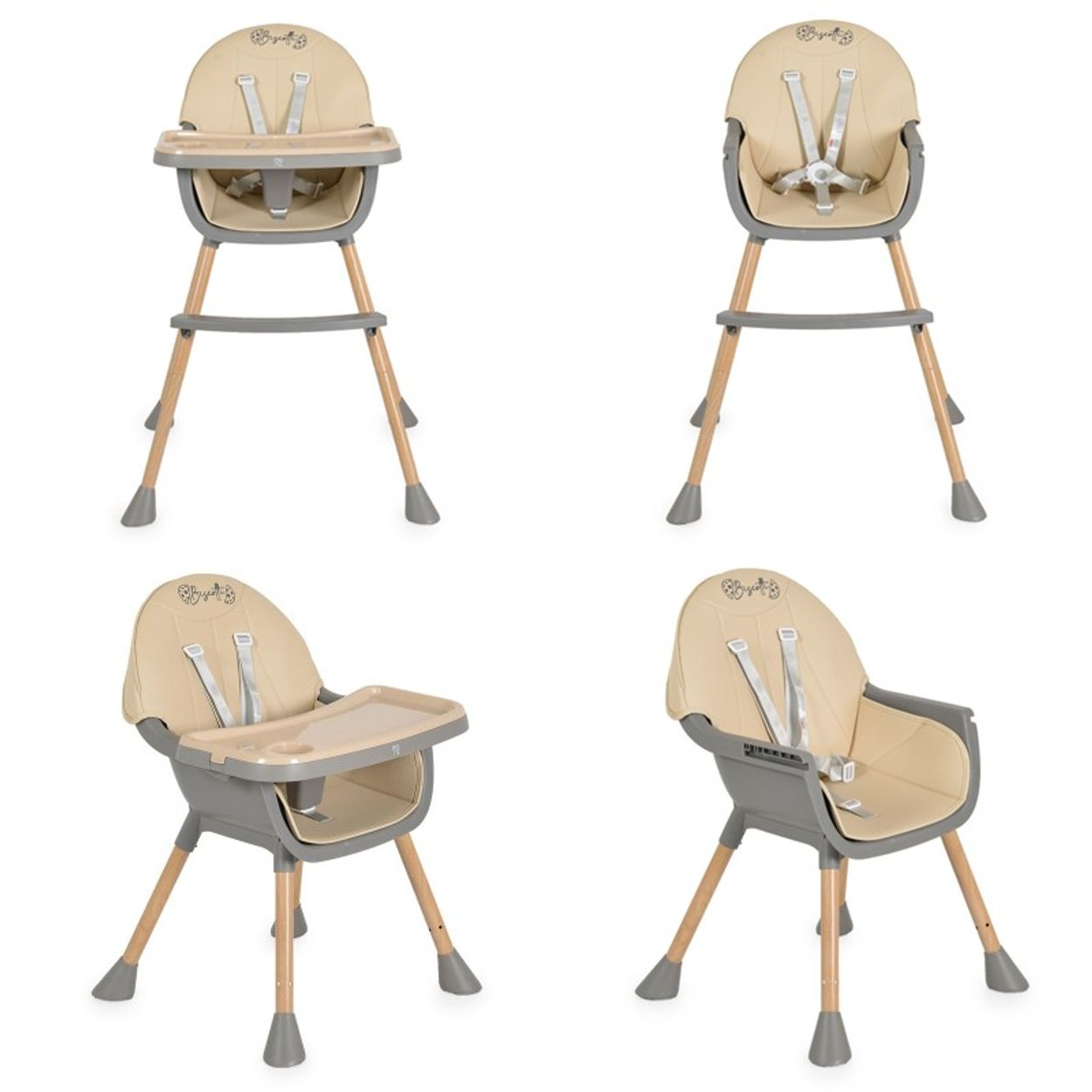 Vier Babyhochstühle in verschiedenen Ansichten. Beige Sitze, Holzbeine, graue Akzente, Sicherheitsgurte. Einer hat ein Tablett.