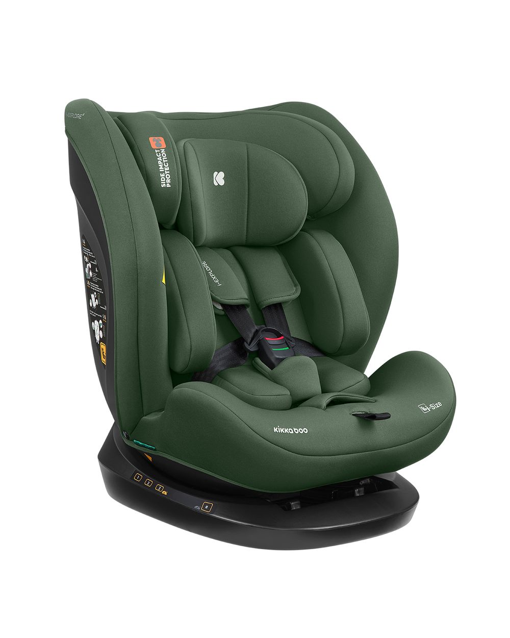 Asiento de coche para niños verde Kikka Boo. Tiene una base negra y correas negras. Visibles las palabras "Side Impact Protection".