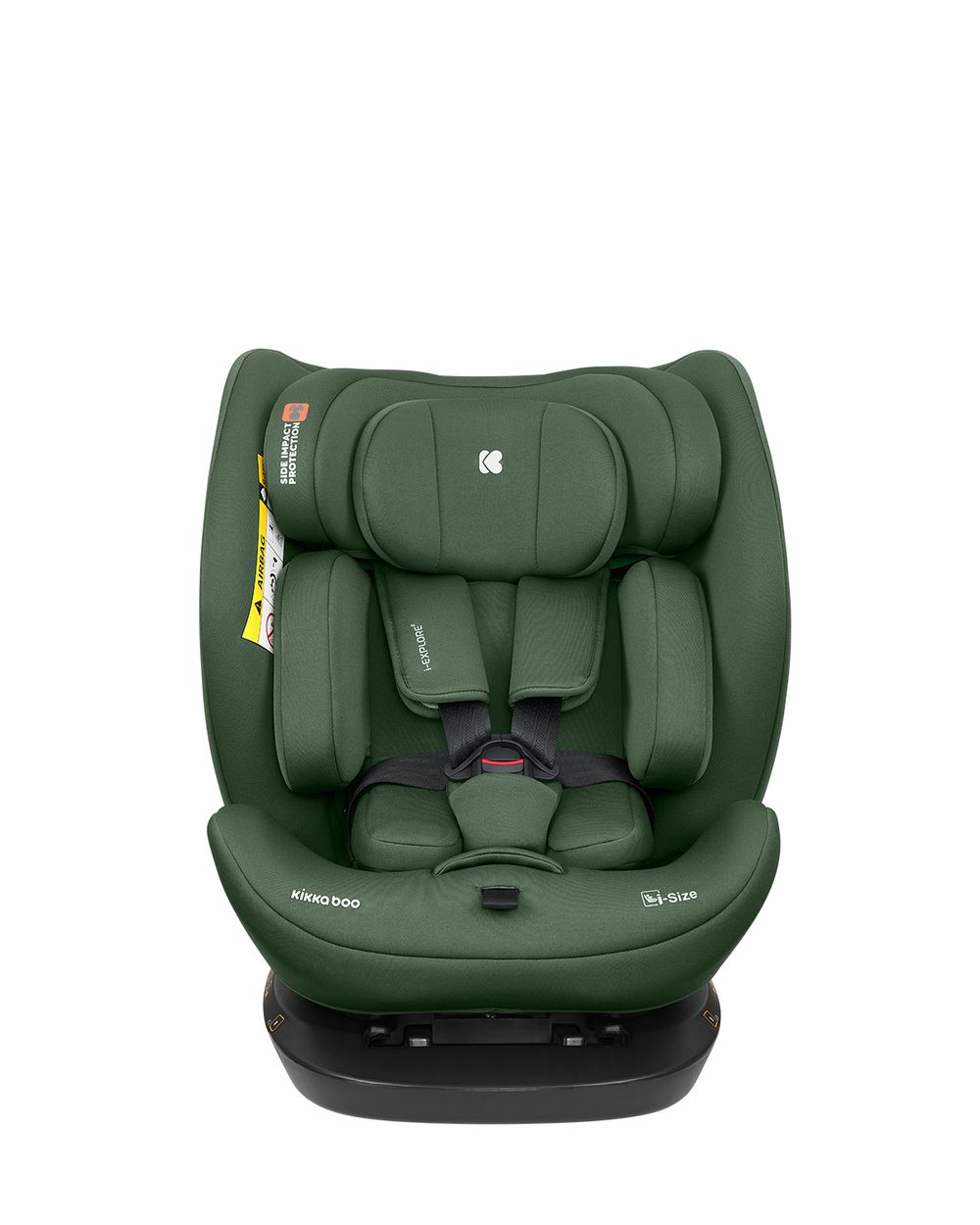 Asiento de coche verde. Tiene reposacabezas, protección contra impactos laterales y arnés. La marca es Kikko Boo.