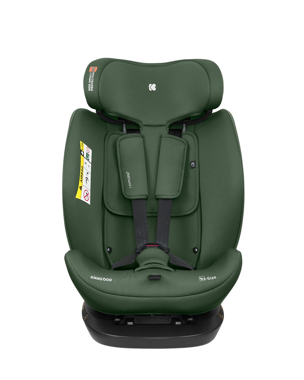 Asiento de coche verde con arnés de seguridad, protección contra impactos laterales y advertencia de airbag. Marca 'kikka boo'.