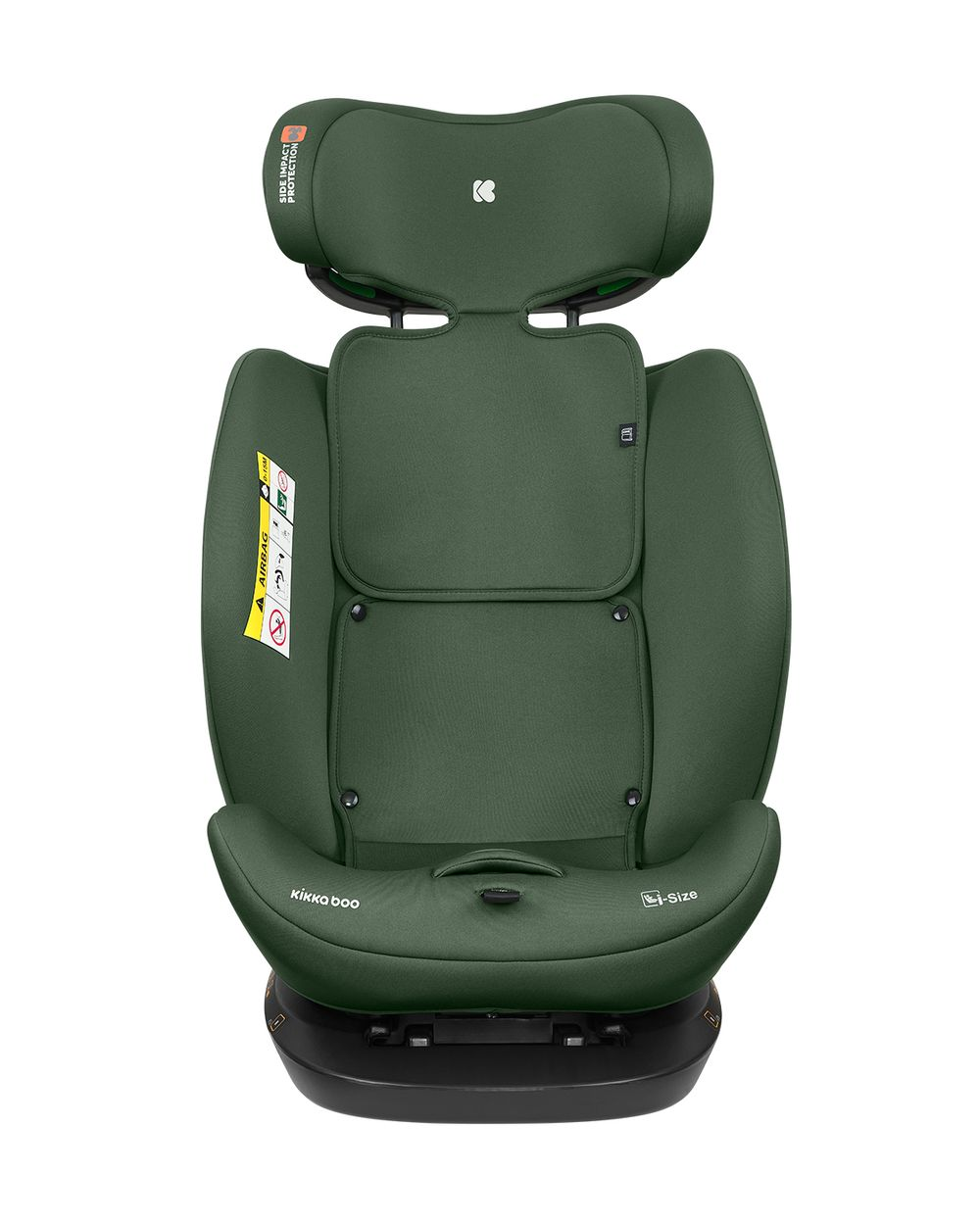 Silla de coche infantil Kikka Boo i-Size verde con reposacabezas, advertencia de airbag y protección contra impactos laterales.