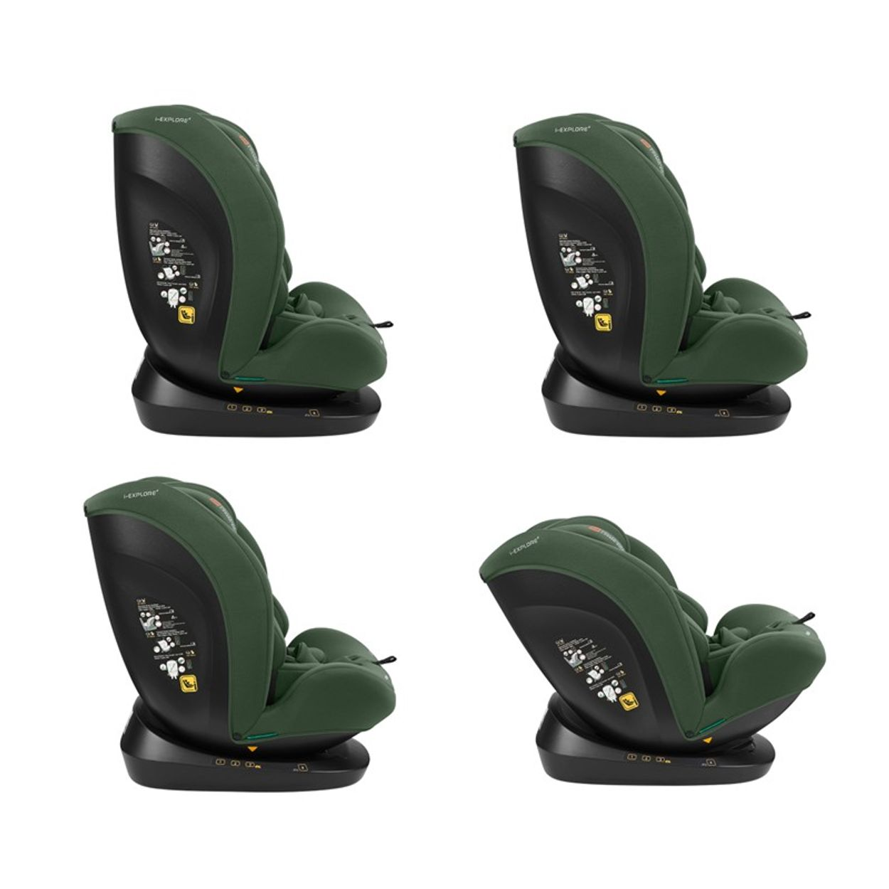 Cuatro asientos de coche verdes y negros dispuestos en un cuadrado. Cada asiento está ligeramente inclinado. Los asientos están sobre un fondo blanco.