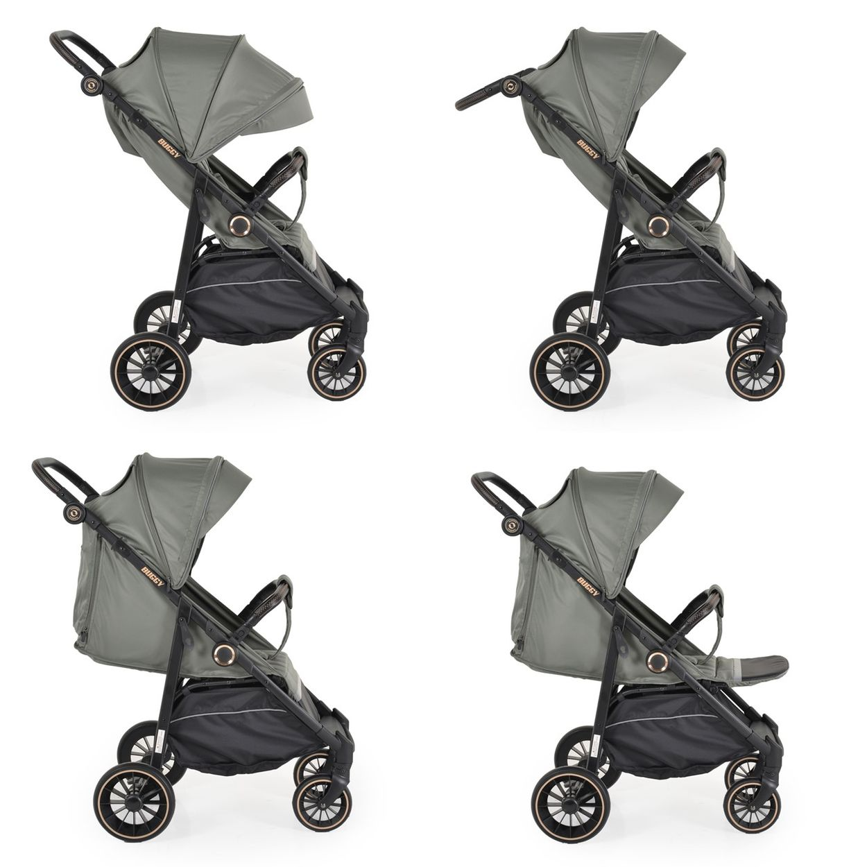 Vier Bilder eines grau-schwarzen Kinderwagens. Der Kinderwagen hat ein Verdeck, einen Sitz und Räder. Der Hintergrund ist weiß.
