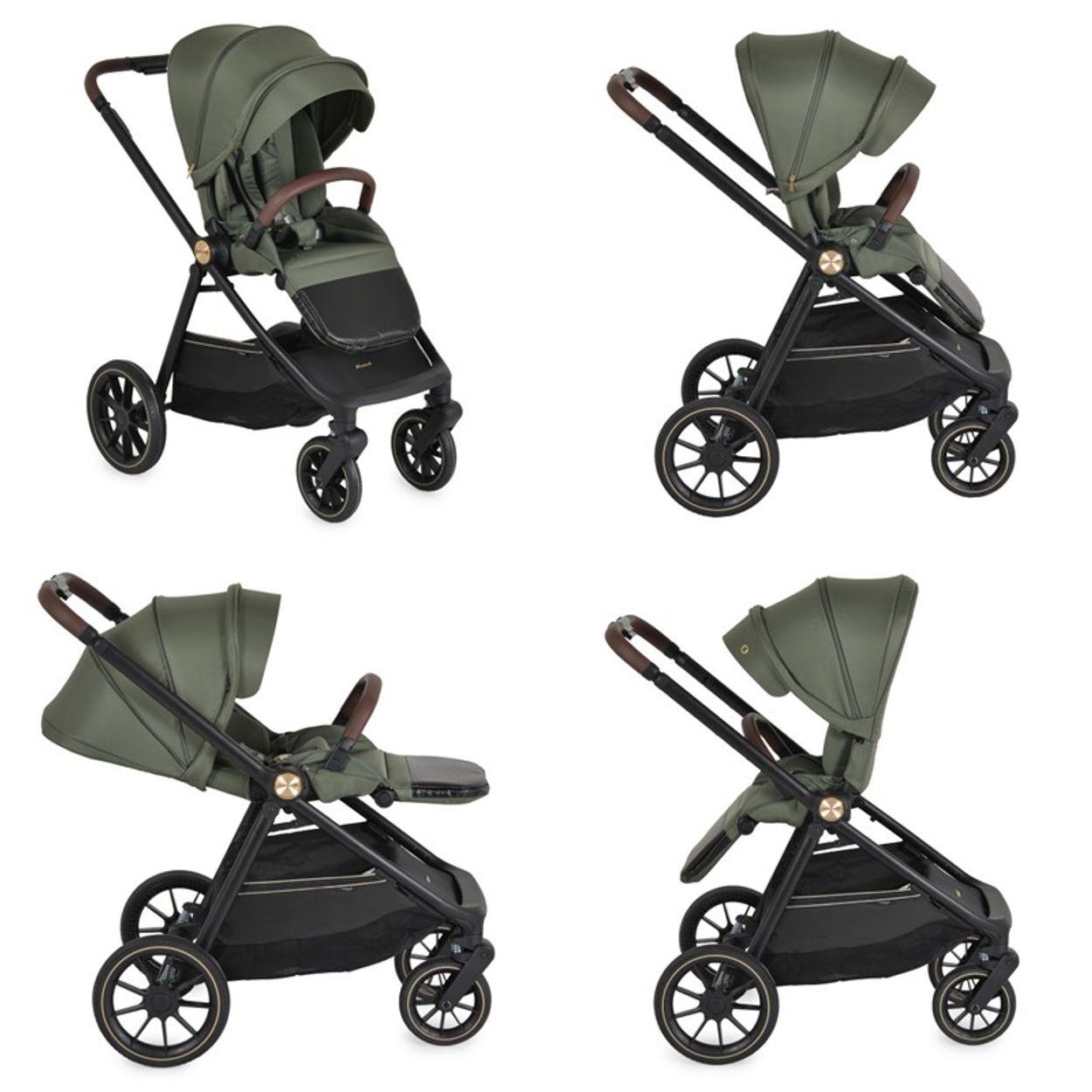 Vier Ansichten eines grün-schwarzen Kinderwagens. Er hat ein Verdeck, einen braunen Griff und schwarze Räder. Der Hintergrund ist weiß.