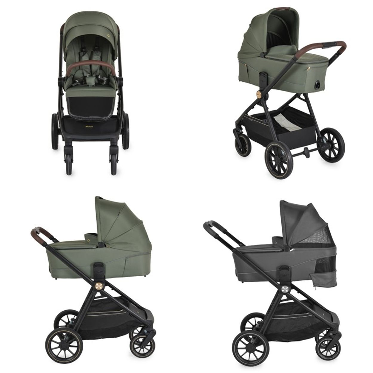 Vier Baby-Kinderwagen in verschiedenen Ansichten und Farben: Grün und Grau. Jeder hat ein Verdeck, Räder und einen Aufbewahrungskorb.