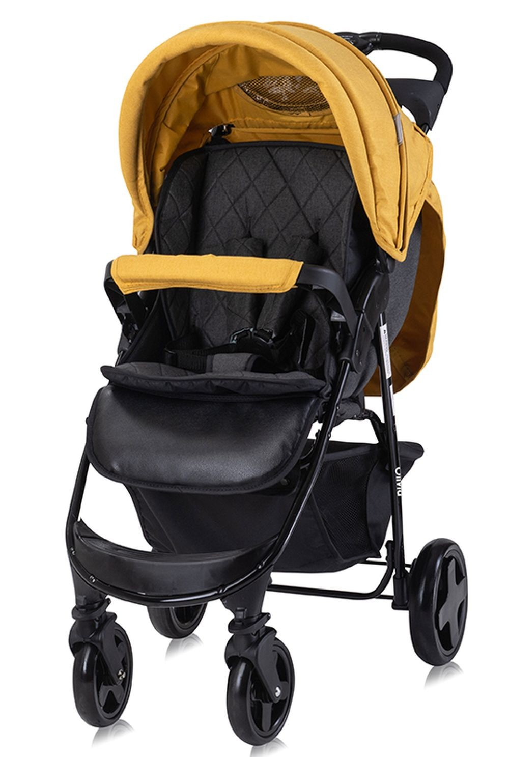 Ein Kinderwagen mit schwarzem Rahmen, Rädern und Sitz. Er hat ein senfgelbes Verdeck und Akzente. Der Sitz ist schwarz gesteppt.