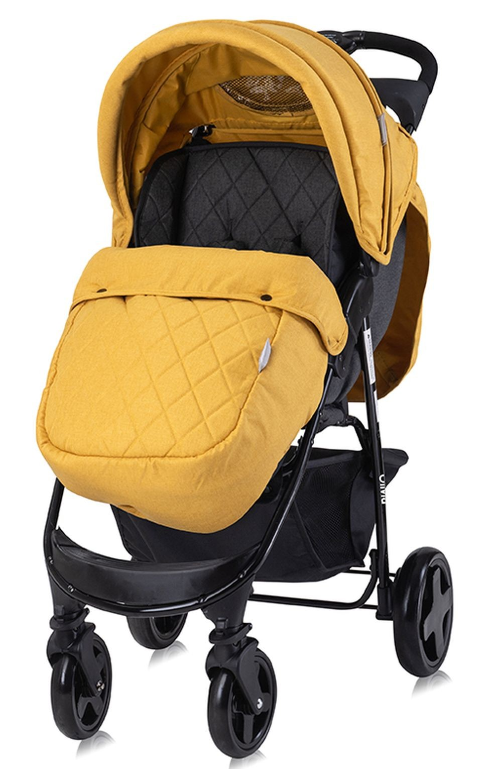 Ein gelber Kinderwagen mit schwarzem Rahmen. Er hat eine gesteppte gelbe Abdeckung, einen schwarzen Sitz und schwarze Räder. Der Hintergrund ist weiß.