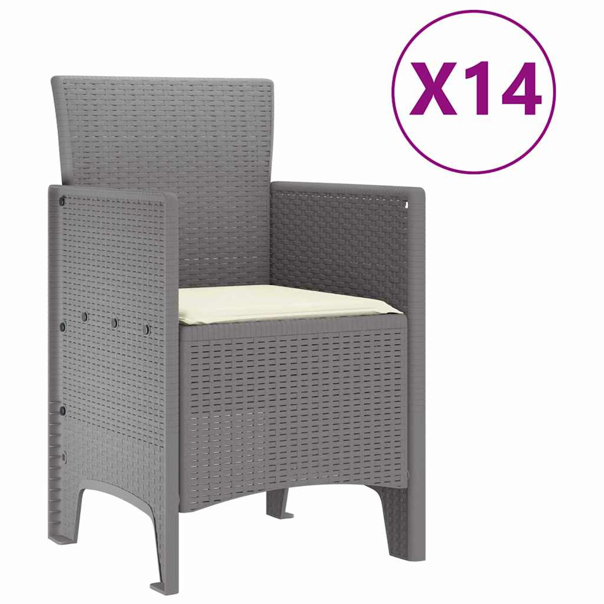 Ein grauer Korbstuhl mit einem cremefarbenen Kissen. Ein lila Kreis sagt 'X14'.