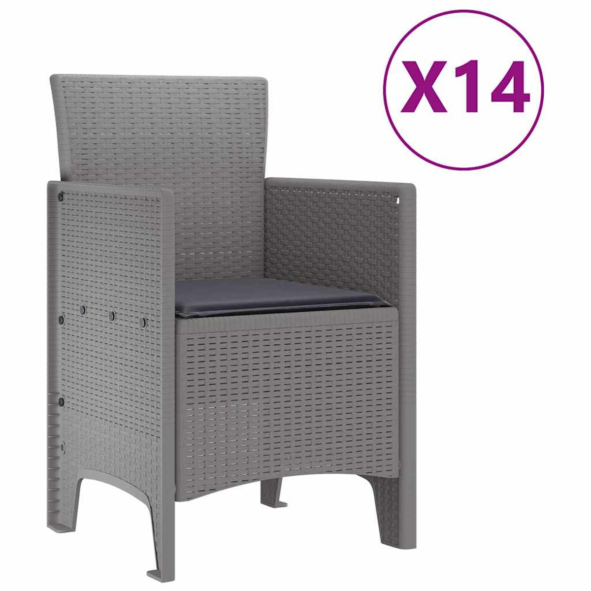Ein grauer Rattanstuhl mit Kissen und Armlehnen wird gezeigt. Ein lila Kreis mit "X14" befindet sich oben rechts.