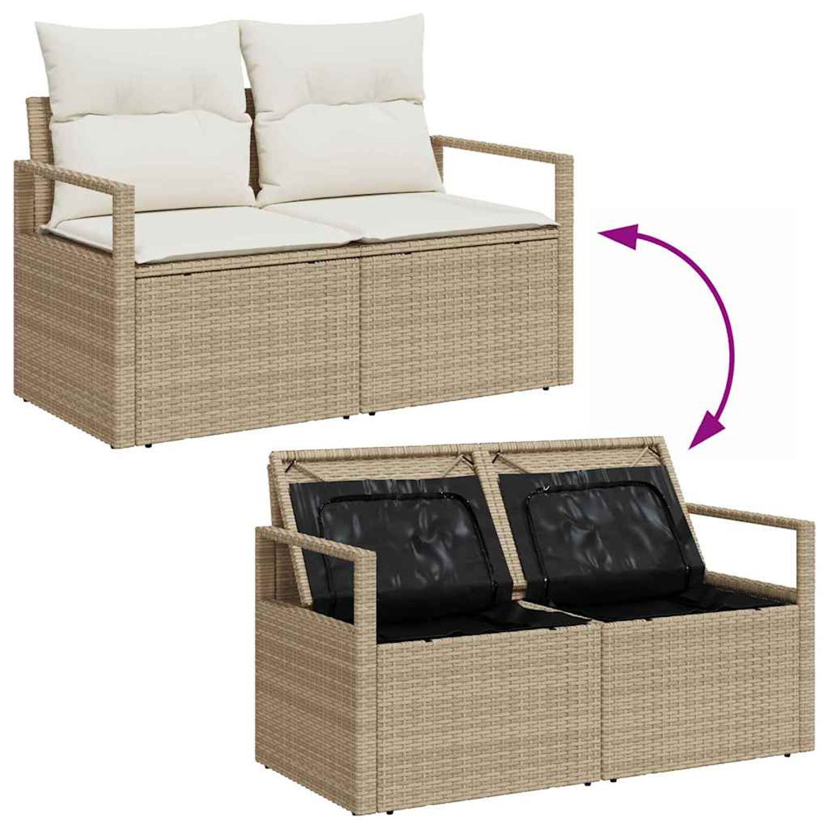 Geflochtenes Outdoor-Sofa. Oben beige Kissen, unten schwarzes Innere. Ein Pfeil zeigt die Transformation.